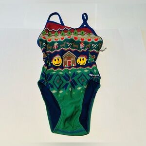 Sporti Granny Sweater Smiley Reindeer Thin Strap One Piece Swimsuit Size: 28Y